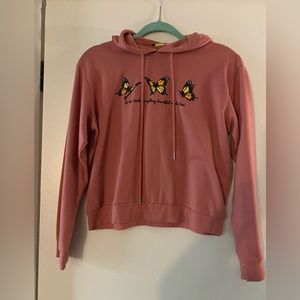 Posh Posh Coral Pink Crop Top Hoodie with Butterfly Images